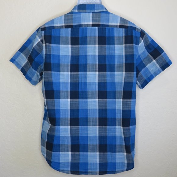 Good Man* Men's Short Sleeve Button Down Curved Hem Plaid Shirt~ Size Large - Picture 2 of 13